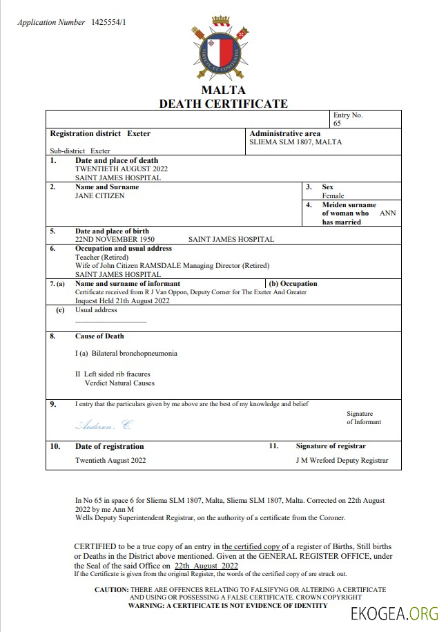 Modèle Word et PDF de certificat de décès de Malte